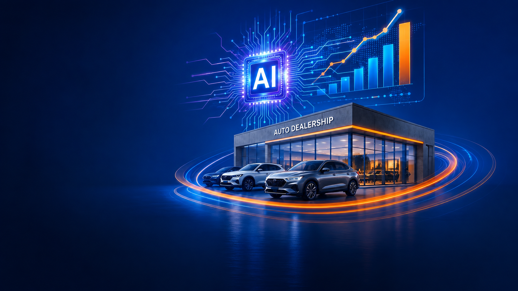 Auto dealership showroom with vehicles, an AI chip graphic and an upward-trending performance chart overlay